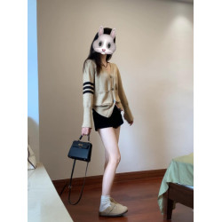 撞色V領軟糯毛衣開衫女2025春秋季新款慵懶學院風針織衫外套上衣