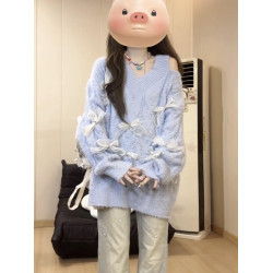 蝴蝶結露肩v領毛衣女秋冬穿搭設計感慵懶風chic甜辣寬松針織上衣