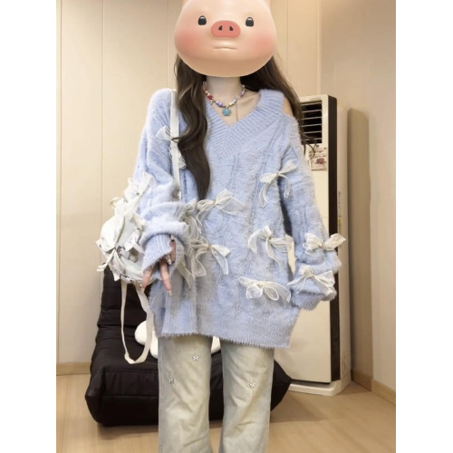 蝴蝶結露肩v領毛衣女秋冬穿搭設計感慵懶風chic甜辣寬松針織上衣 蝴蝶結露肩v領毛衣女秋冬穿搭設計感慵懶風chic甜辣寬松針織上衣