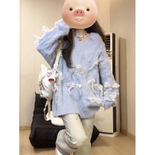 蝴蝶結露肩v領毛衣女秋冬穿搭設計感慵懶風chic甜辣寬松針織上衣 蝴蝶結露肩v領毛衣女秋冬穿搭設計感慵懶風chic甜辣寬松針織上衣