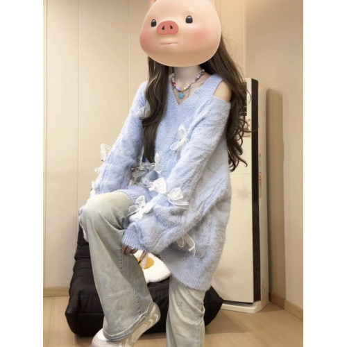 蝴蝶結露肩v領毛衣女秋冬穿搭設計感慵懶風chic甜辣寬松針織上衣 蝴蝶結露肩v領毛衣女秋冬穿搭設計感慵懶風chic甜辣寬松針織上衣