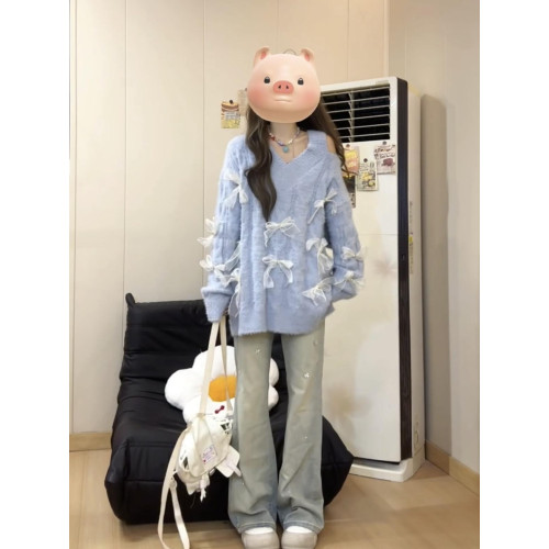 蝴蝶結露肩v領毛衣女秋冬穿搭設計感慵懶風chic甜辣寬松針織上衣 蝴蝶結露肩v領毛衣女秋冬穿搭設計感慵懶風chic甜辣寬松針織上衣