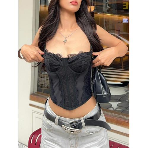 KKX美式辣妹風蕾絲花邊魚骨束腰上衣街頭性感鏤空拼接吊帶背心夏