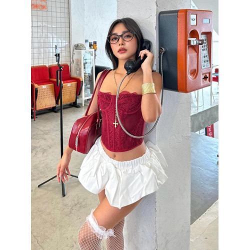 KKX美式辣妹風蕾絲花邊魚骨束腰上衣街頭性感鏤空拼接吊帶背心夏