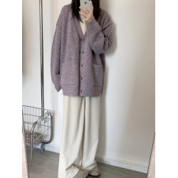 寬松慵懶風紫色毛衣外套女春秋季2025新款V領針織開衫高級感上衣