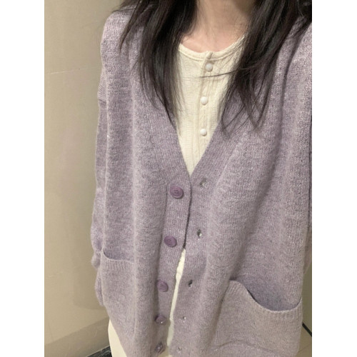 寬松慵懶風紫色毛衣外套女春秋季2025新款V領針織開衫高級感上衣