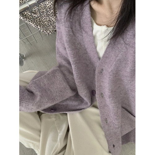 寬松慵懶風紫色毛衣外套女春秋季2025新款V領針織開衫高級感上衣