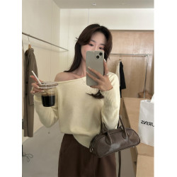 韓系氣質灰色斜肩毛衣針織衫女秋冬設計感修身內搭一字肩chic上衣