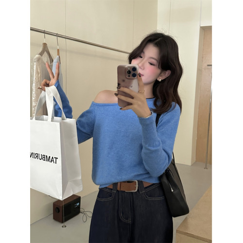 韓系氣質灰色斜肩毛衣針織衫女秋冬設計感修身內搭一字肩chic上衣