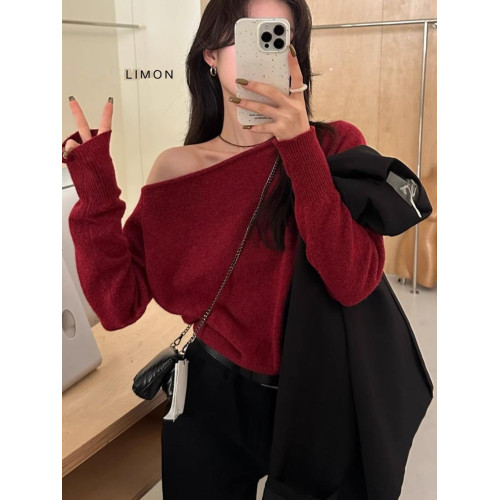 韓系氣質灰色斜肩毛衣針織衫女秋冬設計感修身內搭一字肩chic上衣