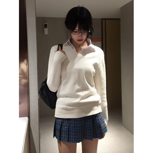 秋冬JK製服套頭毛衣女日系學院風純色V領針織衫內搭上衣長袖外套 秋冬JK製服套頭毛衣女日系學院風純色V領針織衫內搭上衣長袖外套