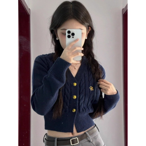 學院風麻花針織開衫女春秋高級感修身小個子短款內搭辣妹毛衣外套