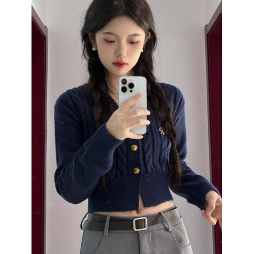 學院風麻花針織開衫女春秋高級感修身小個子短款內搭辣妹毛衣外套