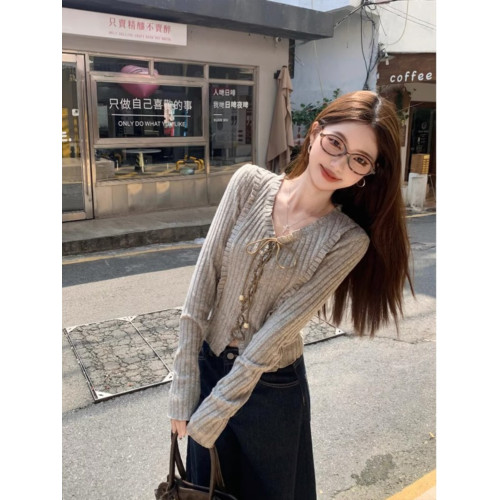 美式復古綁帶v領長袖針織衫女秋季外搭設計感小衆修身打底衫上衣