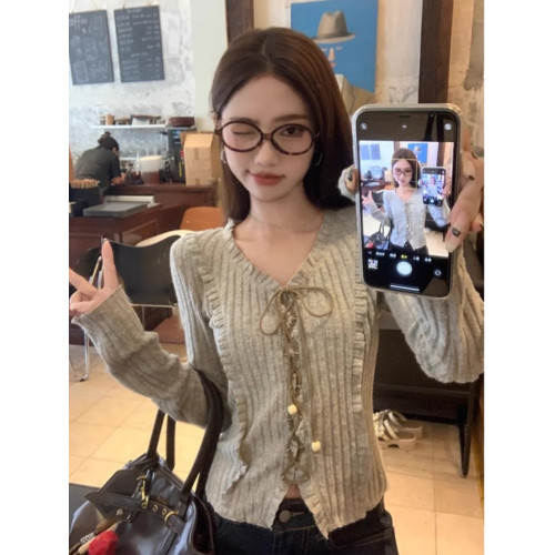 美式復古綁帶v領長袖針織衫女秋季外搭設計感小衆修身打底衫上衣