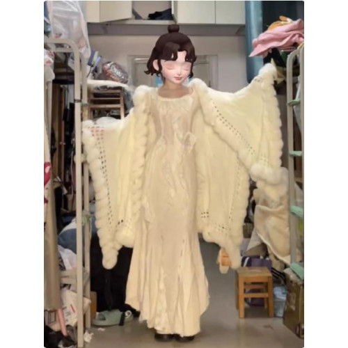 慵懶麻花針織環保毛毛球披肩外套秋冬2024新款鬭篷披肩毛衣外套女