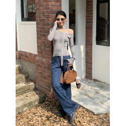 黑色針織衫女設計感小衆韓系飄帶掛脖露肩修身斜肩上衣毛衣內搭