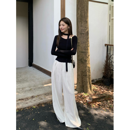 黑色針織衫女設計感小衆韓系飄帶掛脖露肩修身斜肩上衣毛衣內搭