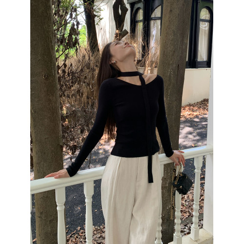 黑色針織衫女設計感小衆韓系飄帶掛脖露肩修身斜肩上衣毛衣內搭