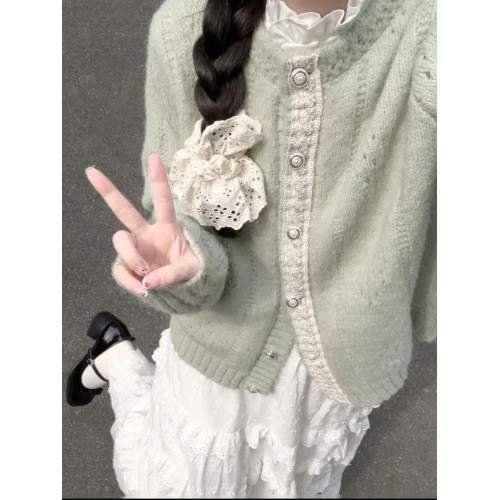 綠色花邊設計感針織毛衣開衫女2025新款秋春文藝復古慵懶外套上衣