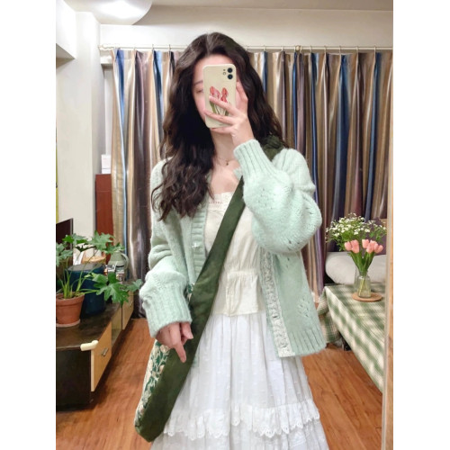 綠色花邊設計感針織毛衣開衫女2025新款秋春文藝復古慵懶外套上衣