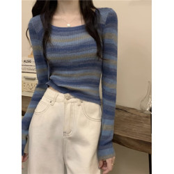 設計感條紋方領短款上衣女長袖春秋冬季甜辣修身內搭打底針織衫