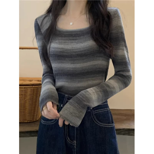 設計感條紋方領短款上衣女長袖春秋冬季甜辣修身內搭打底針織衫