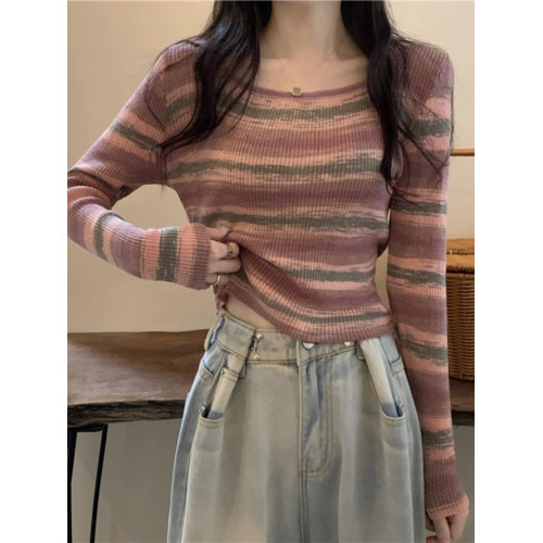 設計感條紋方領短款上衣女長袖春秋冬季甜辣修身內搭打底針織衫