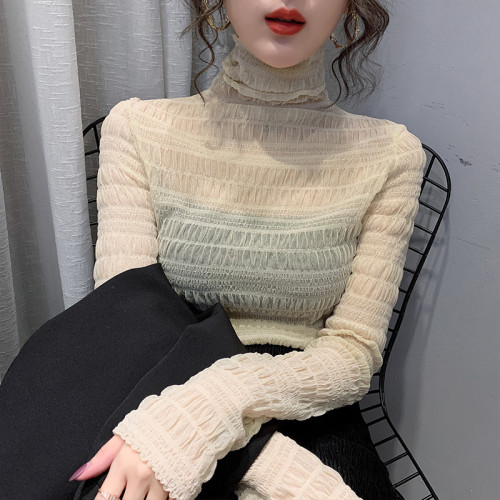 撿漏特價剪鏢折釦女裝秋冬高領堆堆領內搭網紗蕾絲打底衫女裝