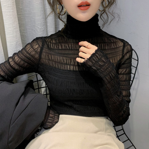 撿漏特價剪鏢折釦女裝秋冬高領堆堆領內搭網紗蕾絲打底衫女裝