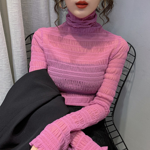 撿漏特價剪鏢折釦女裝秋冬高領堆堆領內搭網紗蕾絲打底衫女裝