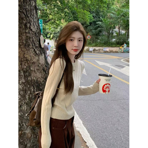 韓系圓領針織打底衫女2025春秋新款軟糯長袖內搭修身收腰顯瘦上衣