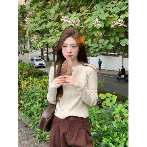 韓系圓領針織打底衫女2025春秋新款軟糯長袖內搭修身收腰顯瘦上衣