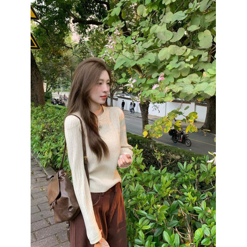 韓系圓領針織打底衫女2025春秋新款軟糯長袖內搭修身收腰顯瘦上衣