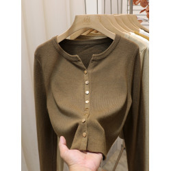 韓系溫柔風格純色金屬釦簡約短款針織長袖開衫v領毛衣女秋冬上衣