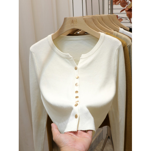 韓系溫柔風格純色金屬釦簡約短款針織長袖開衫v領毛衣女秋冬上衣