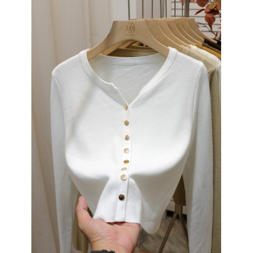 韓系溫柔風格純色金屬釦簡約短款針織長袖開衫v領毛衣女秋冬上衣