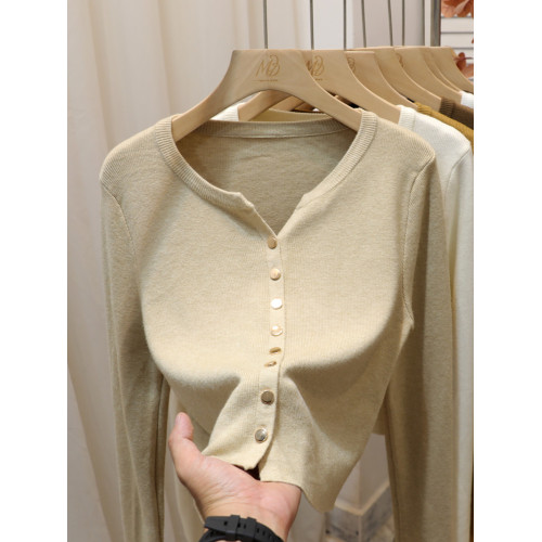 韓系溫柔風格純色金屬釦簡約短款針織長袖開衫v領毛衣女秋冬上衣