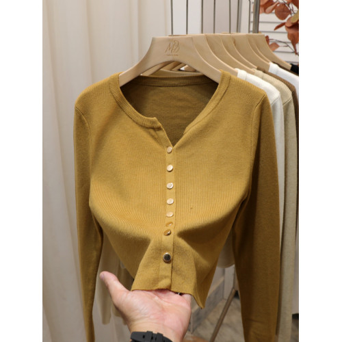 韓系溫柔風格純色金屬釦簡約短款針織長袖開衫v領毛衣女秋冬上衣