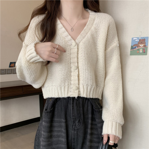 2026秋冬季針織開衫短款毛衣女小個子v領寬鬆慵嬾風長袖外套上衣