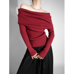 性感一字肩大翻領軟糯針織衫法式溫柔修身長袖酒紅色絕美毛衣春秋