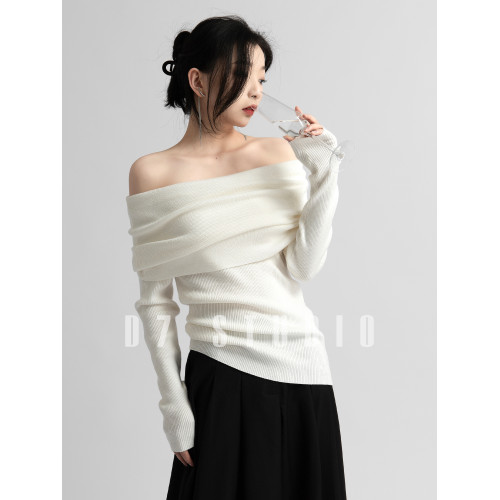 性感一字肩大翻領軟糯針織衫法式溫柔修身長袖酒紅色絕美毛衣春秋