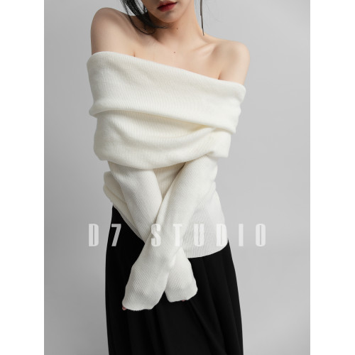 性感一字肩大翻領軟糯針織衫法式溫柔修身長袖酒紅色絕美毛衣春秋