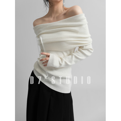 性感一字肩大翻領軟糯針織衫法式溫柔修身長袖酒紅色絕美毛衣春秋