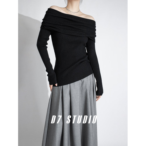 性感一字肩大翻領軟糯針織衫法式溫柔修身長袖酒紅色絕美毛衣春秋