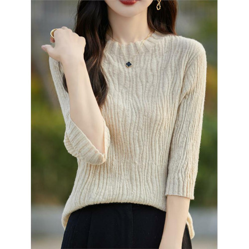 法式肌理暗紋提花五分袖上衣女半高領時髦洋氣打底針織衫中袖毛衣