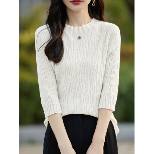 法式肌理暗紋提花五分袖上衣女半高領時髦洋氣打底針織衫中袖毛衣