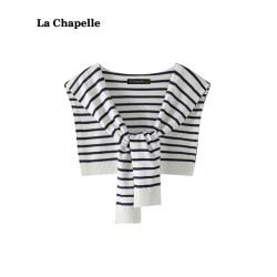 拉夏貝爾/La Chapelle薄款條紋針織披肩襯衫外搭搭肩配裙子小坎肩