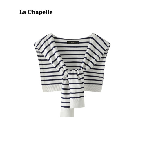 拉夏貝爾/La Chapelle薄款條紋針織披肩襯衫外搭搭肩配裙子小坎肩