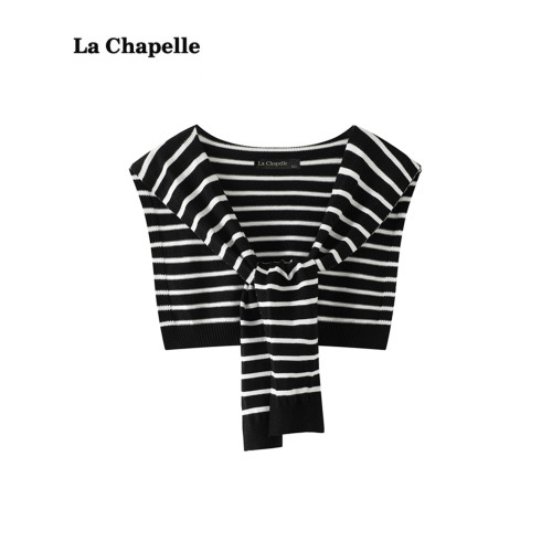 拉夏貝爾/La Chapelle薄款條紋針織披肩襯衫外搭搭肩配裙子小坎肩